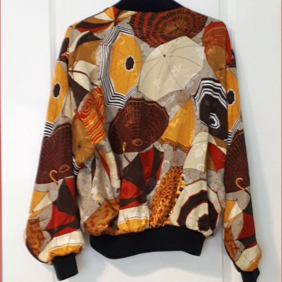 Vtg Mighty Bomber Style Jacket Designer Multicolor Umbrella Pattern Silky - Picture 2 of 5